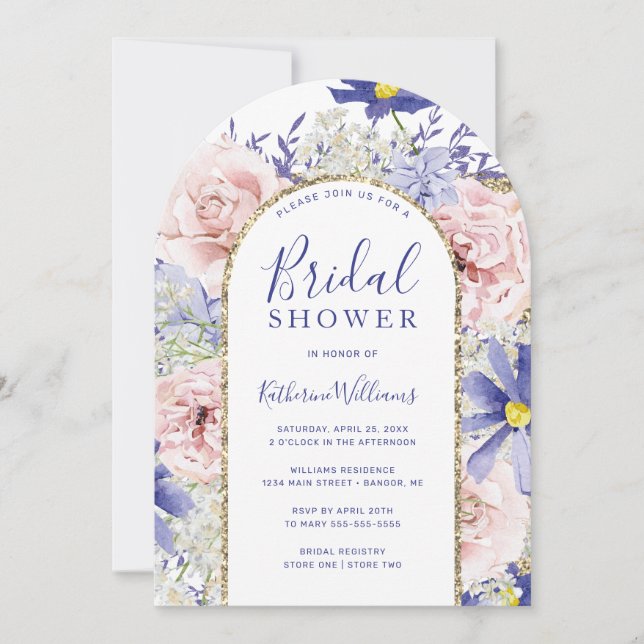 Invitation Elégante Fête des mariées rose violet floral or Ar (Devant)