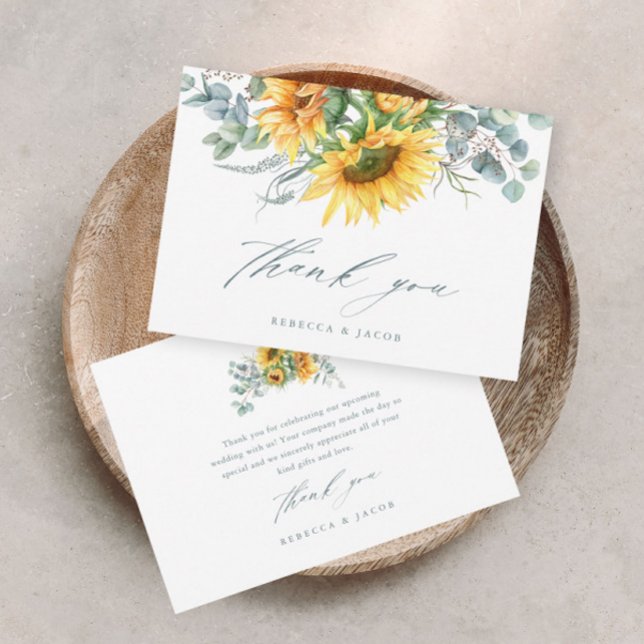 Invitation Élégante Fête des mariées rustique de tournesol (Elegant rustic sunflower eucalyptus wedding bridal shower thank you card.)