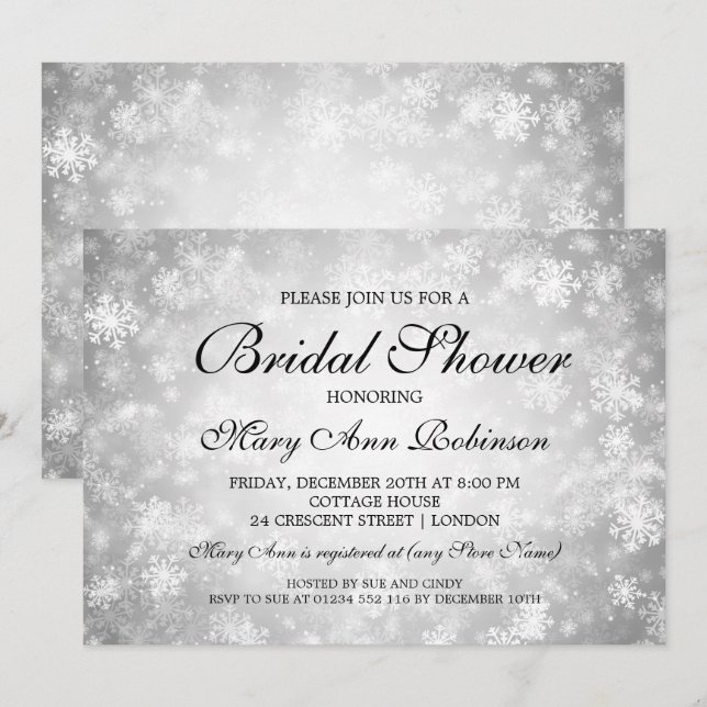 Invitation Elégante Fête des mariées Silver Winter Wonderland (Devant / Derrière)