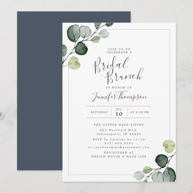 Invitation Elégante Fête des mariées verte Eucalyptus (Devant / Derrière)