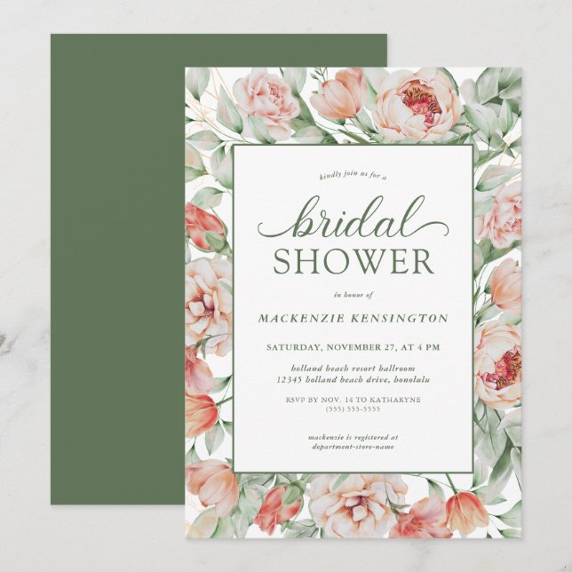Invitation Elégante Fête des mariées verte Floral Blush Sage (Devant / Derrière)