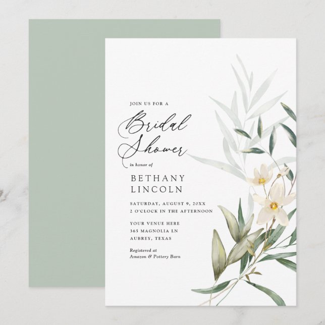Invitation Elégante Fête des mariées verte Magnolia (Devant / Derrière)