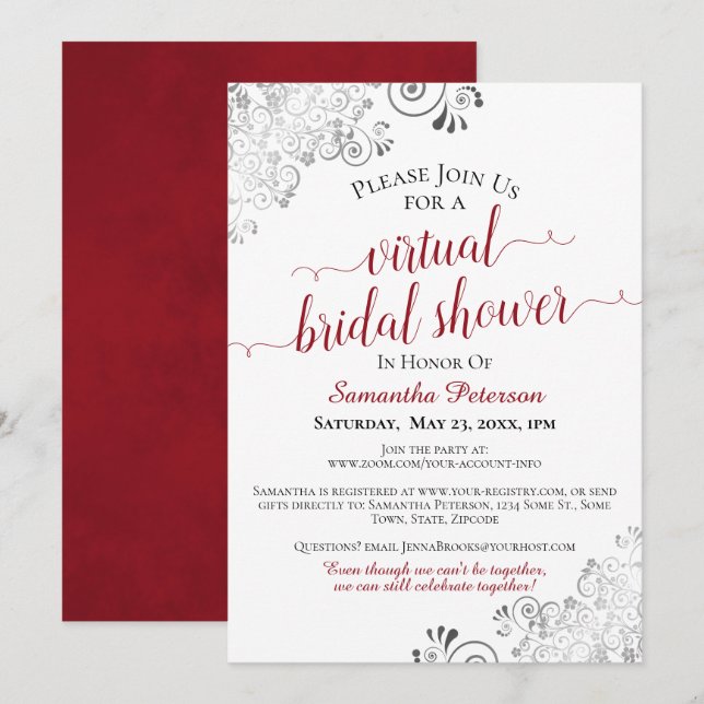 Invitation Élégante Fête des mariées virtuelle rouge et blanc (Devant / Derrière)