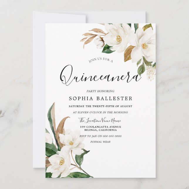 Invitation Élégante fête des Quinceanera aux fleurs blanches (Devant)