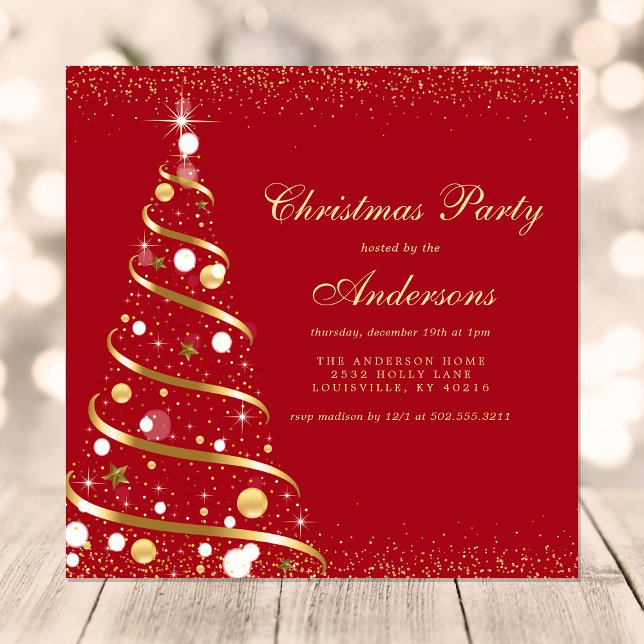 Invitation Élégante fête des sapins de Noël rouge étincelante (Créateur téléchargé)