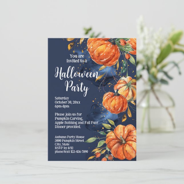 Invitation Elégante fête d'Halloween Citrouille aquarelle (Debout devant)
