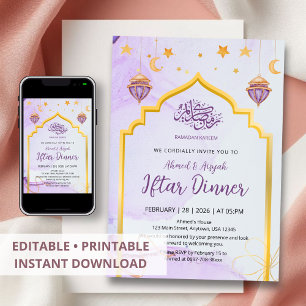 Invitation Élégante Fête d'Iftar sous un Arche Doré à l'Aquar
