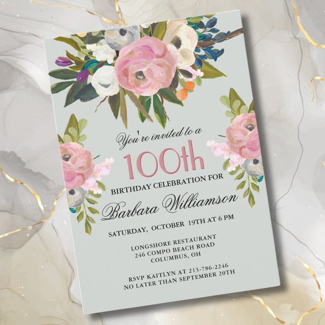 Invitation Élégante fête du 100e anniversaire peinte à la mai (Créateur téléchargé)