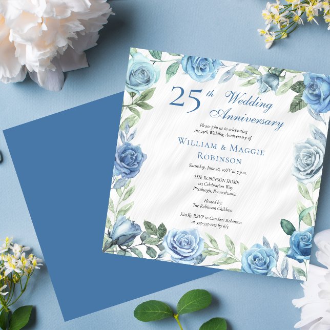 Invitation Élégante fête du 25e anniversaire du Mariage Blue  (Elegant Blue and White with Sage Green Floral Frame Square 25th Wedding Anniversary Party Invitation)