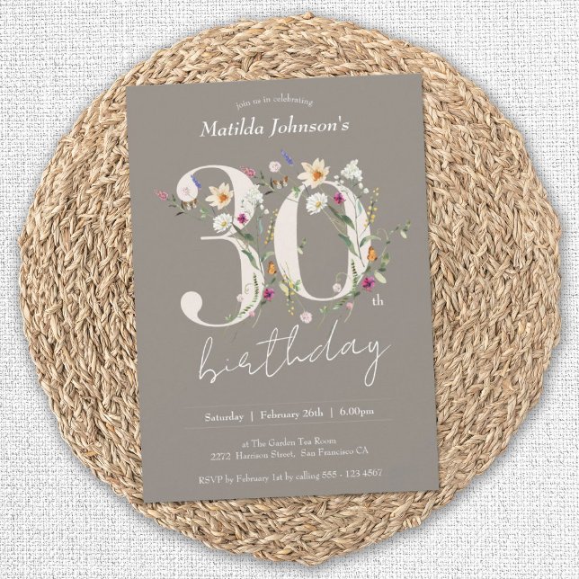 Invitation Élégante fête du 30e anniversaire des Fleurs sauva (30th Birthday Wildflowers Elegant Floral Invitation)