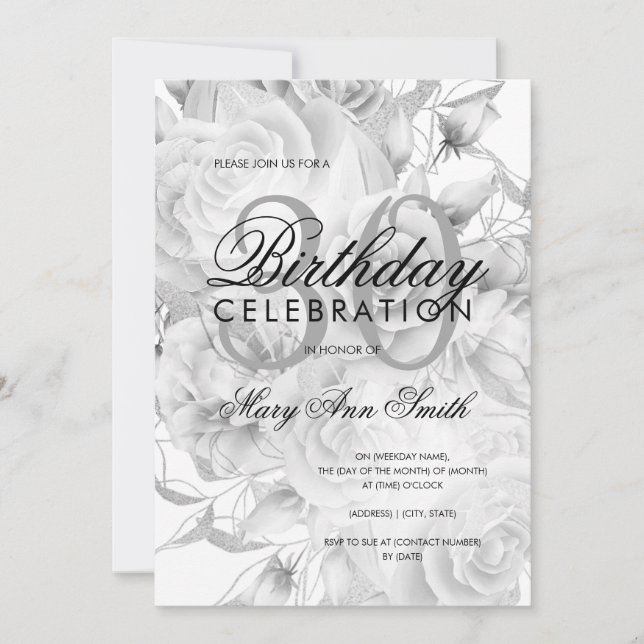 Invitation Élégante fête du 30e anniversaire Floral Argent bl (Devant)