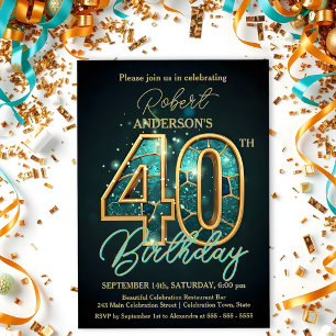 Invitation Elégante fête du 40e anniversaire Turquoise et or