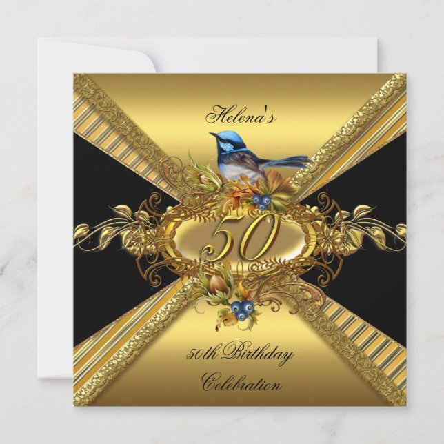 Invitation Élégante fête du 50e anniversaire BlueBird Gold Bl (Devant)