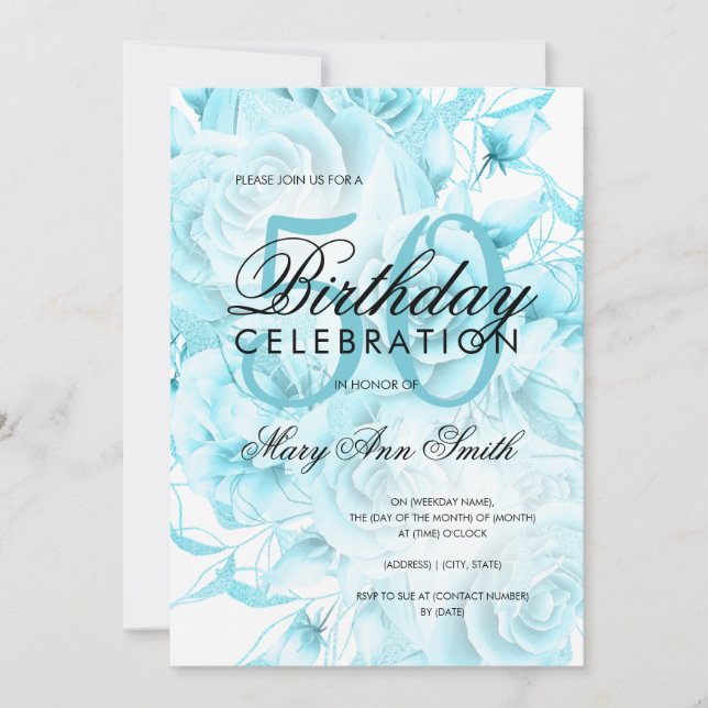 Invitation Élégante fête du 50e anniversaire Floral Turquoise (Devant)