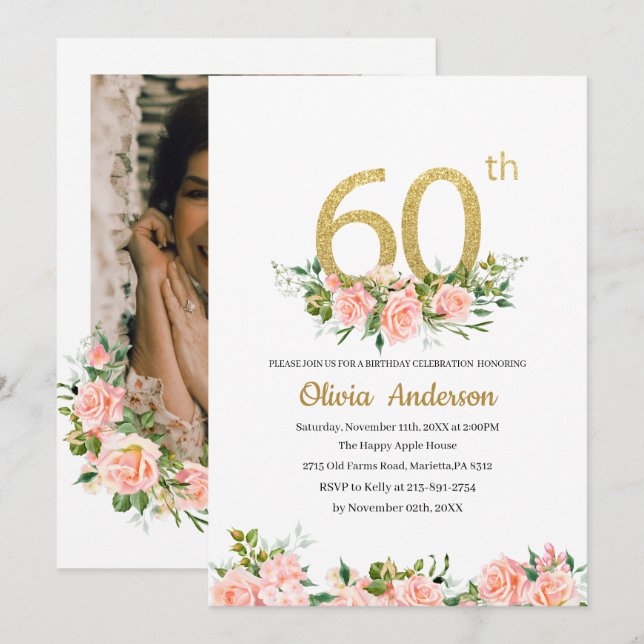 Invitation Élégante fête du 60e anniversaire aquarelle Glit (Devant / Derrière)