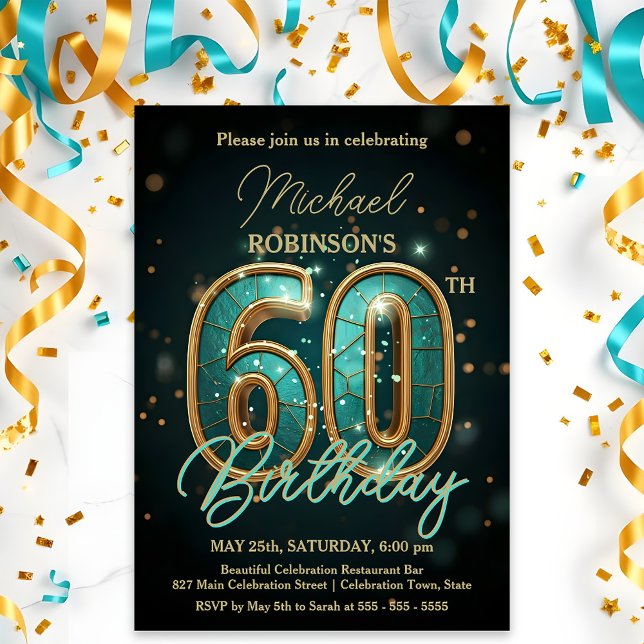 Invitation Élégante fête du 60e anniversaire Turquoise et or (Créateur téléchargé)