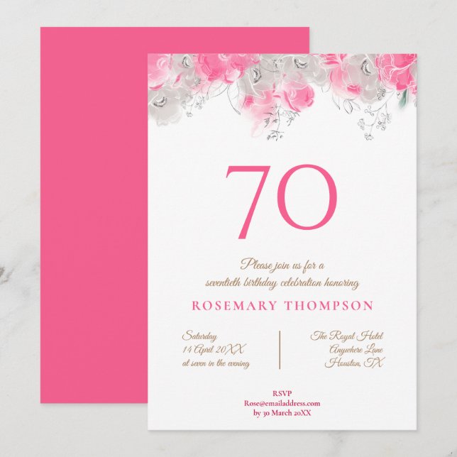 Invitation Élégante fête du 70e anniversaire florale délicieu (Devant / Derrière)