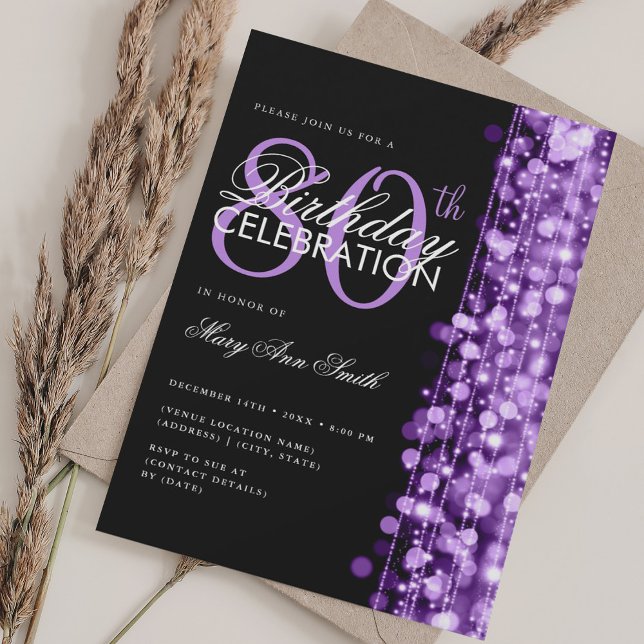 Invitation Élégante fête du 80e anniversaire Glam Sparkle Pur (Elegant 80th Birthday Party Glam Sparkle Purple Invitation)