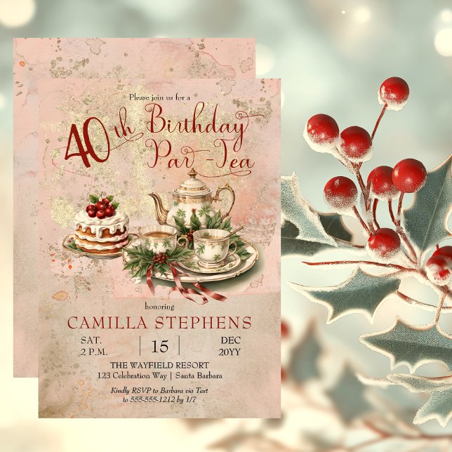 Invitation Élégante fête du Thé d'hiver 40e anniversaire (Elegant Winter Floral Tea Set Holly and Berries 40th Birthday Par-Tea Party Invitation)