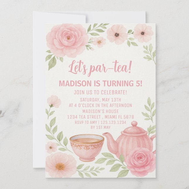 Invitation Elégante fête du thé floral Anniversaire Invitatio (Devant)