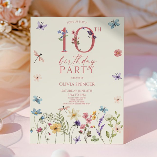 Invitation Elégante fête Fleur sauvage Floral 10e anniversair (Créateur téléchargé)