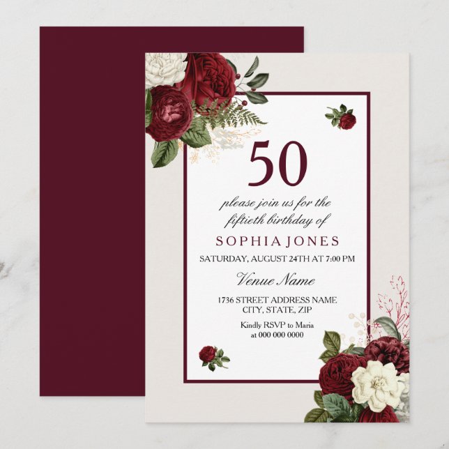 Invitation Elégante fête florale bourguignonne 50e anniversai (Devant / Derrière)