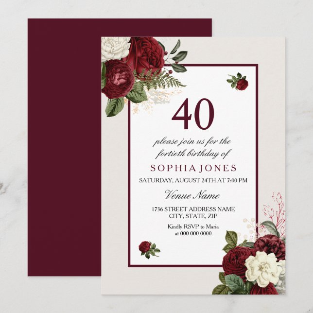 Invitation Elégante fête florale de Bourgogne 40e anniversair (Devant / Derrière)