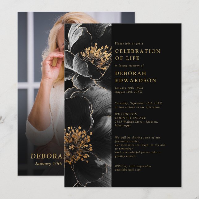 Invitation Élégante Fête Florale Noire Et Or De La Vie (Devant / Derrière)