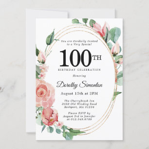 Invitation Élégante fête florale rose 100e anniversaire