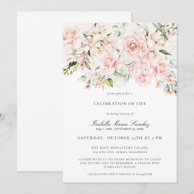 Invitation Élégante fête florale rose de la vie funéraire (Devant / Derrière)