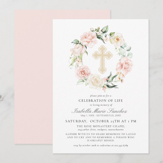 Invitation Élégante fête florale rose de la vie funéraire (Devant / Derrière)