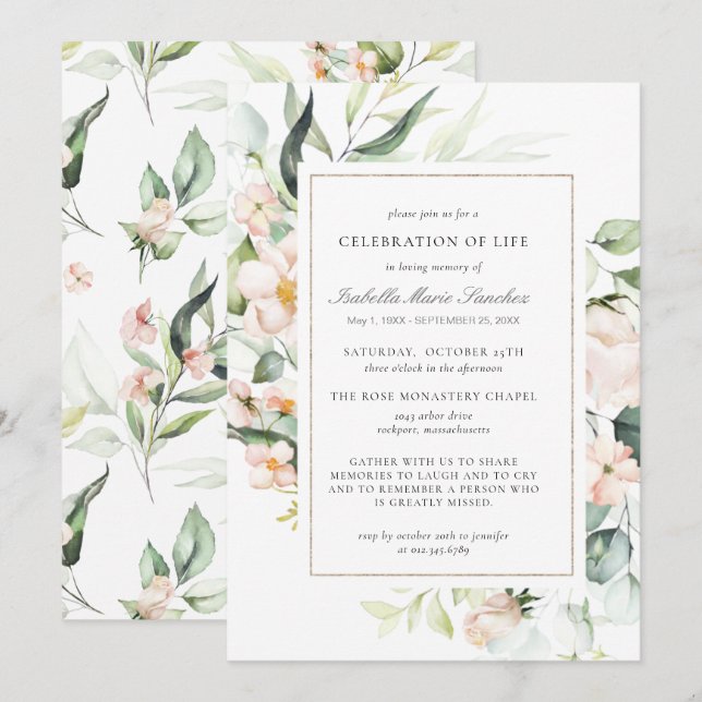 Invitation Élégante fête florale rose de la vie funéraire (Devant / Derrière)
