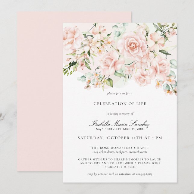 Invitation Élégante fête florale rose de la vie funéraire (Devant / Derrière)