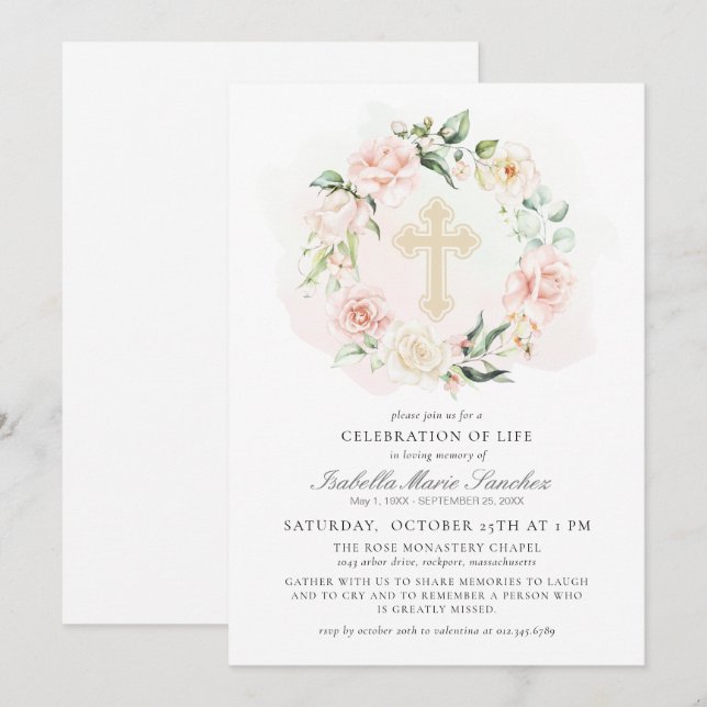 Invitation Élégante fête florale rose de la vie funéraire (Devant / Derrière)