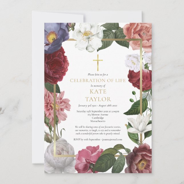 Invitation Elégante fête funéraire de la vie Rose Floral (Devant)