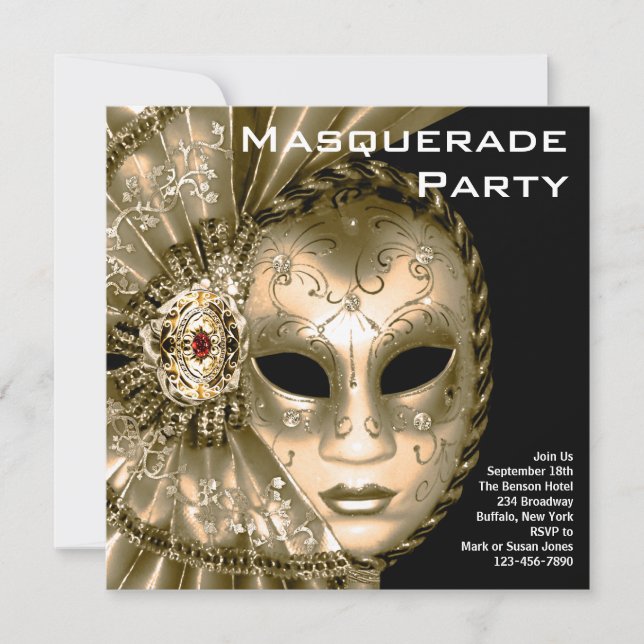 Invitation Élégante fête mascarade noire et or (Devant)