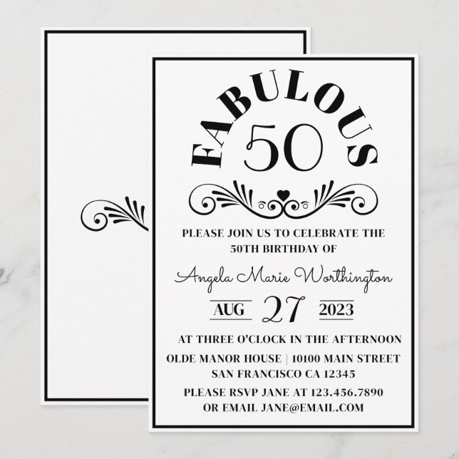 Invitation Élégante fête moderne noire et blanche Fifty fabul (Devant / Derrière)