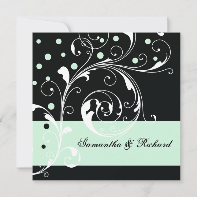 Invitation Élégante feuille de rouleau floral noir, mariage m (Devant)