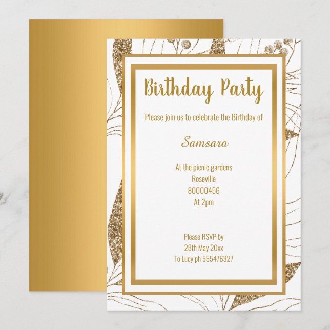 INVITATION ELÉGANTE FEUILLE D'OR TOUTE OCCASION ANNIVERSAIRE (Devant / Derrière)