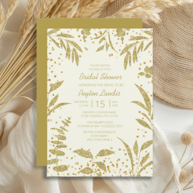 Invitation Elégante Feuille Parties scintillant  crème Fête d (Gold leaves on cream-colored bridal shower invitation)
