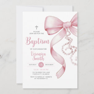 Invitation Élégante fille Baptême Pink Bow Pearl Croix de col