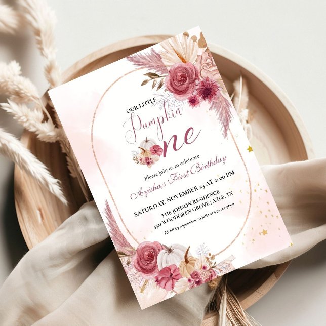 Invitation Élégante fille Citrouille rose 1er anniversaire (Créateur téléchargé)