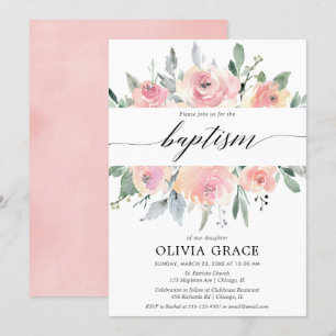 Invitation Elégante fille de couleur florale rose baptême