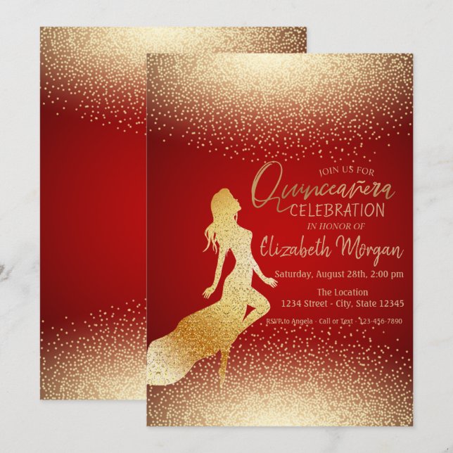 Invitation Elégante fille d'or Silhouette, Confetti Quinceañe (Devant / Derrière)