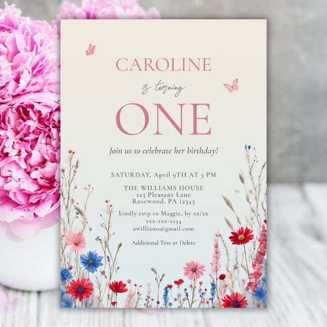 Invitation Élégante fille Fleur sauvage 1er anniversaire (Créateur téléchargé)