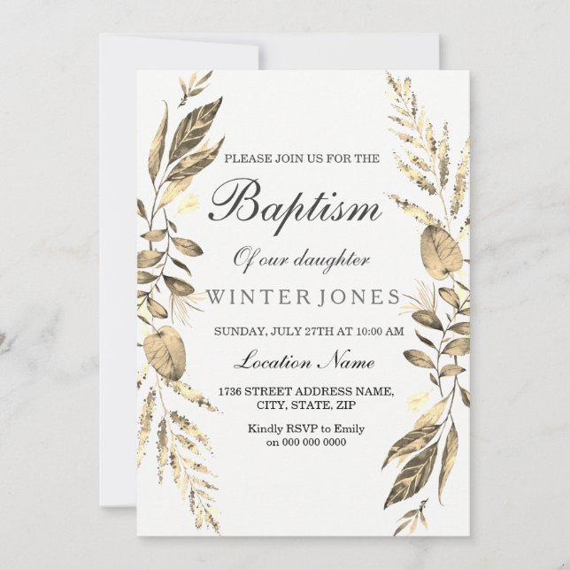 Invitation Élégante fille garçon Golden Leaf Baptism Invitati (Devant)