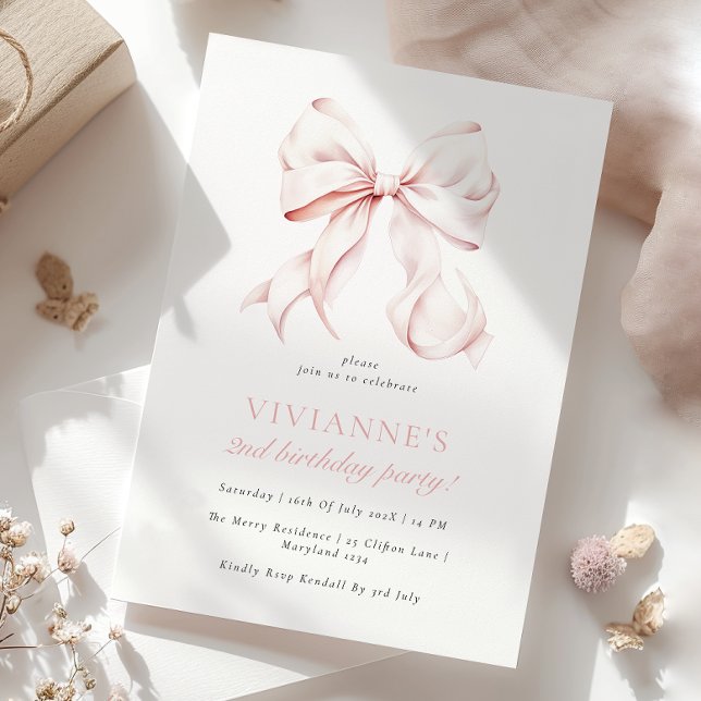 Invitation Élégante fille rose Bow 2e anniversaire (Créateur téléchargé)
