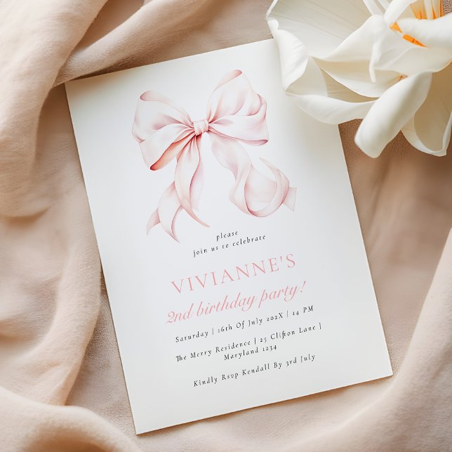 Invitation Élégante fille rose Bow 2e anniversaire (Créateur téléchargé)