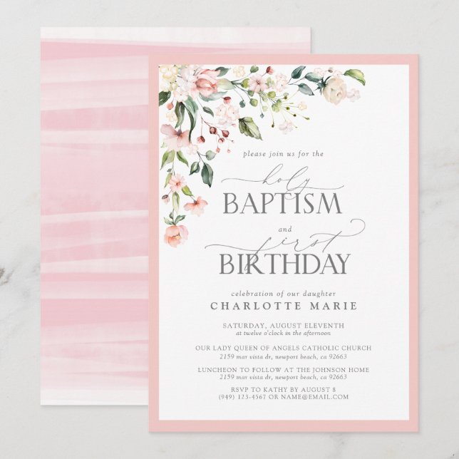 Invitation Élégante fille rose florale Baptême & 1er annivers (Devant / Derrière)