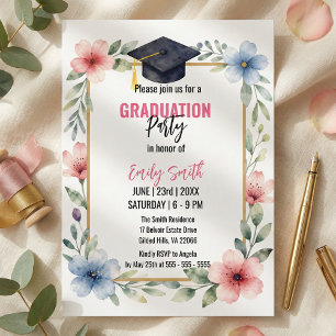 Invitation Élégante Fleur Florale Aquarelle Rose Bleu Diplômé